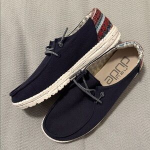 Hey Dude Navy Slip-On  women’s Loafers with Aztec Patterned Heel